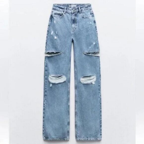 ZARA Z1975 MID WAIST RIPPED CUT OUT STRAIGHT LEG JEANS - Picture 1 of 4